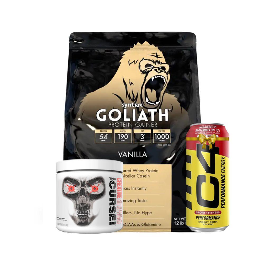 [🔥-0130] 🔥 Power Fit Mass, Strength & Energy Bundle Syntrax Goliath Protein Gainer🦍 ,☠️ The Curse Creatine Monohydrate,C4 Performance Energy Drink