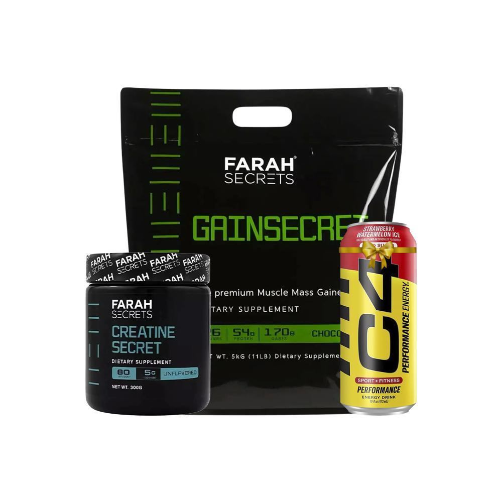 Farah Secrets Gain & Power Stack | Gain Secret 5kg + Creatine Secret + C4 Energy Drink