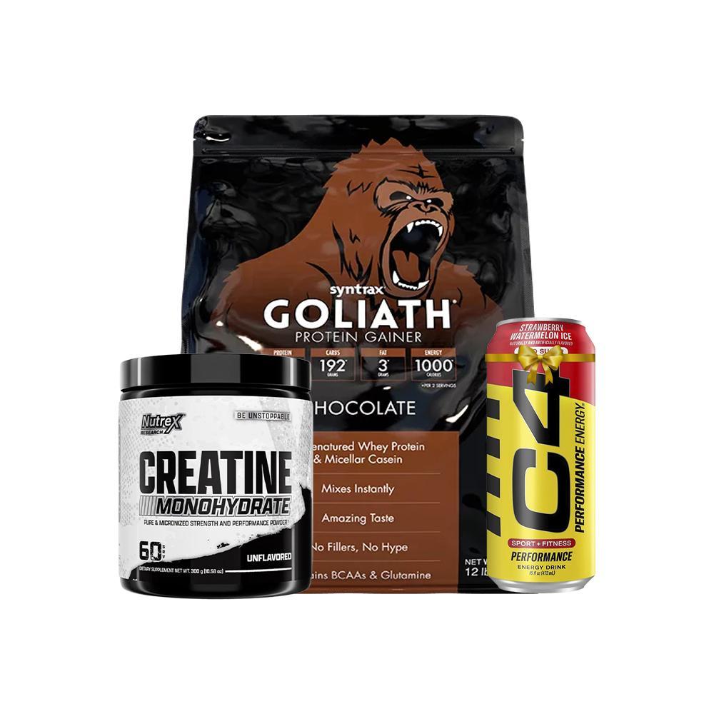 Mass & Power Combo | Syntrax Goliath Gainer + Nutrex Creatine + C4 Energy Drink | Ultimate Muscle Growth Stack