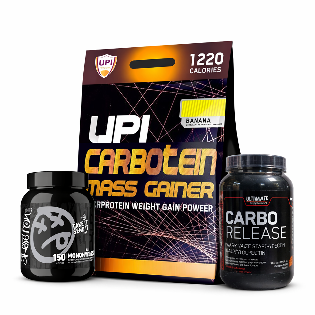 UPI Carbotein Mass Gainer (1220 Calories) + Ultimate Supplement Carbo Release + Skeleton Creatine Monohydrate (150 Servings) – Extreme Bulking Stack |