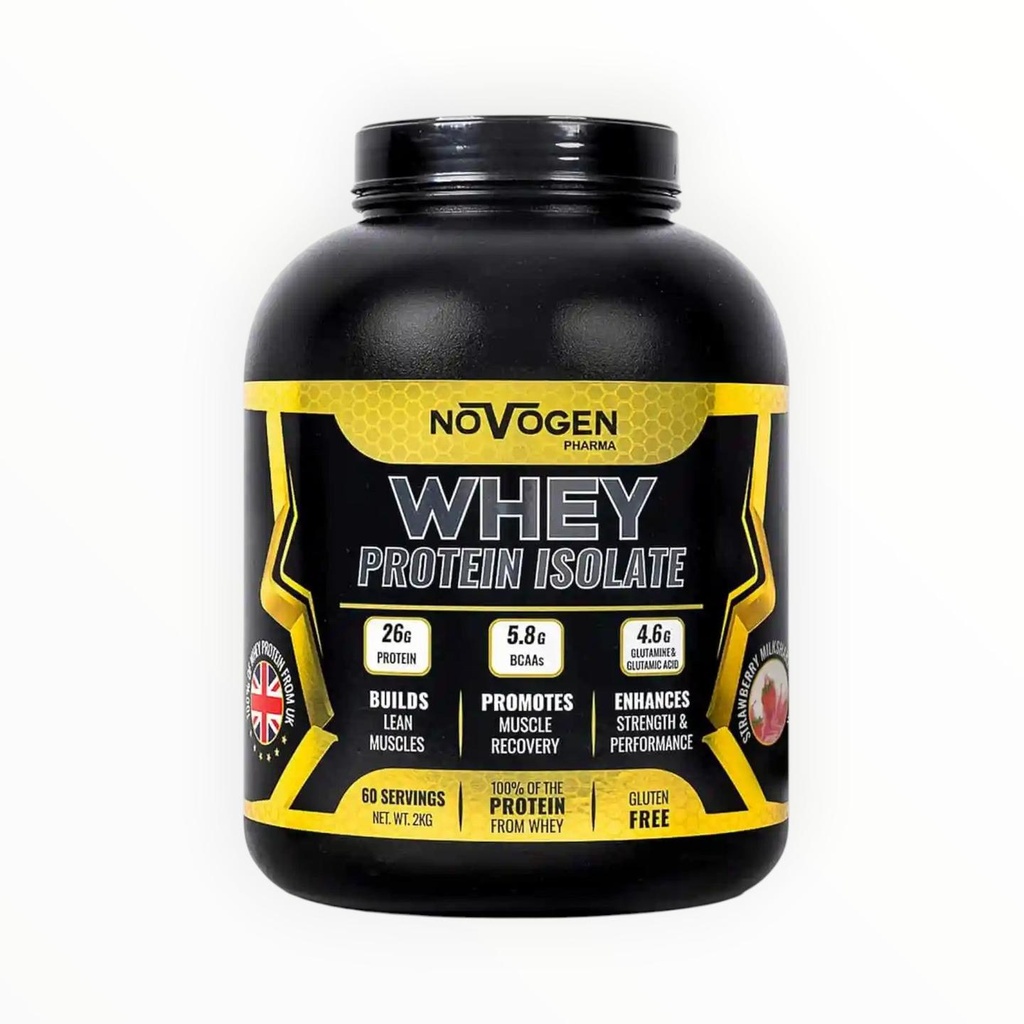 [NOV0009] Novogen Pharma Whey Protein Isolate 2kg (60 Servings) – 26g Protein – 5.8g BCAAs – Gluten Free Whey Isolate (Strawberry)